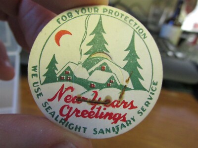 CHRISTMAS Milk Bottle Cap New Years Greetings w/ house, trees & moon
