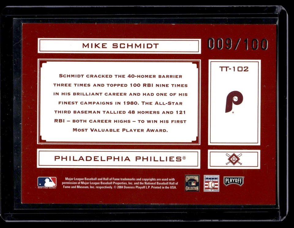 2004 PLAYOFF ABSOLUTE MEMORABILIA TOOLS OF THE TRADE MIKE SCHMIDT 009/100 - Image 2 of 2