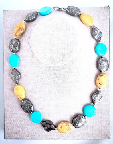 oval yellow howlite blue coin Magnesite antique tibet silver beads necklace 20" - Imagen 2 de 6