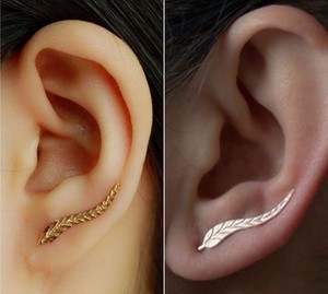 Feather Leaf Stud Earrings Silver Gold Long Vintage Plated Hook Feather Leaf Stud Earrings Silver Gold Long Vintage