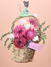 FLOWER BASKET MOUSE Rosalind Welcher signed original art c1960s-70s Panda Prints