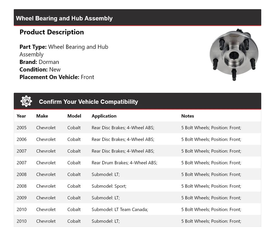 Conjunto de cojinete de rueda y buje delantero 2006 para Chevrolet Cobalt Dorman 2005-2010 Foto 2 de 4