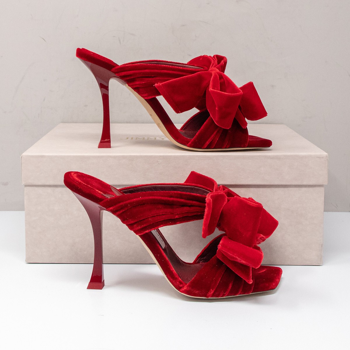 サンダル・ミュール JIMMY CHOO FLACA100 VELVET SANDAL Flaca Sandal 100 | Navy Velvet Mules with Bows | JIMMY CHOO