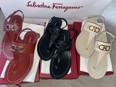 New SALVATORE FERRAGAMO Roche leather slingback sandals