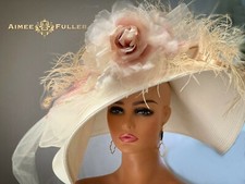 Kentucky Derby Hat White Cream Pink Big Rose Hat Tan Fringe Del Mar Royal Ascot