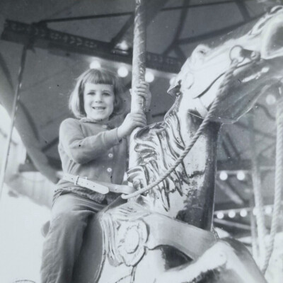 Vintage Snapshot Photograph Girl Riding Carousel Horse 1960