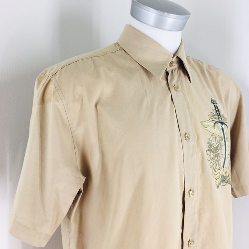 PRONTI COLLECTION Phita Mens Sz XL SS Shirt Button Front Full Gold Sword Print  - Picture 9 of 11