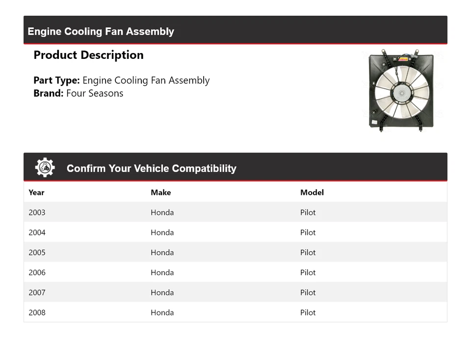 Conjunto de ventilador de refrigeración para motor Honda Pilot 2003-2008 4 estaciones 2004 2005 2006 Foto 2 de 4