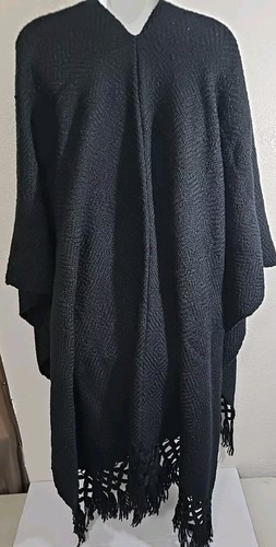 Artesanias 100% Wool Black Knit Long Shawl Fringe Boho Soft Warm One Size - Picture 11 of 18