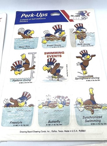 Olympische Spiele 1984 Los Angeles Sam Eagle PerkUp Aufkleber Lot 4 Gymnastik Bahn Schwimmen - Bild 3 von 7