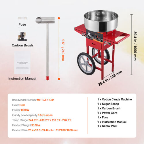 Commercial Cotton Candy Machine with Cart Sugar Floss Maker 1000W Red - Picture 7 of 12