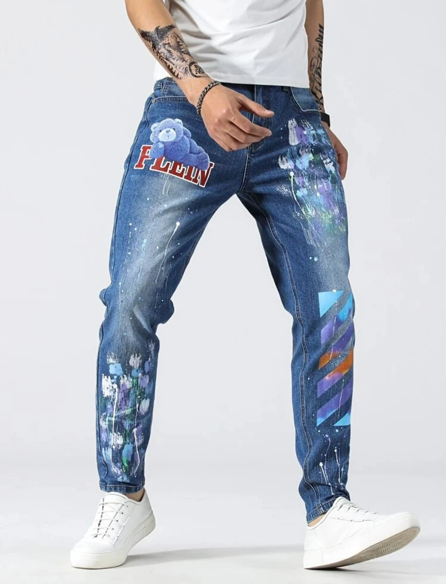 Bear Letter Cartoon Paint Graphic Tapered Regular Fit Denim New