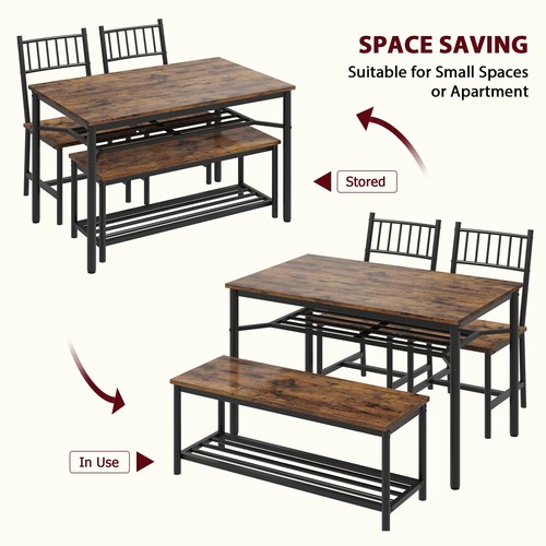 Dining Table Set for 4 Kitchen Table and 2 Chairs with Storage Bench Wine Rack - Picture 10 of 12