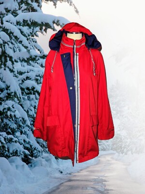 MACINTOSH NEW ENGLAND Red Jacket Coat Removable Hood Zip Pockets Women's Small