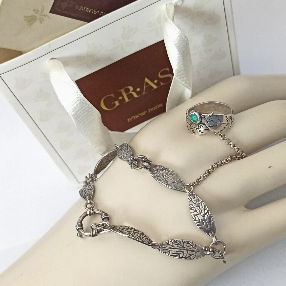 Pulseira articulada escravo corrente de mão prata 925 folhas opala GRAS anel Israel - Imagem 3 de 4