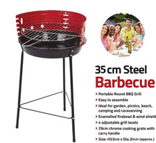 35cm Portable Steel BBQ Grill Round Chrome-Plated Adjustable Grate & Wind Shield