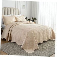 King Size Quilt Set 3 Pieces, Soft King 106" x 90" Beige Floral Pattern 