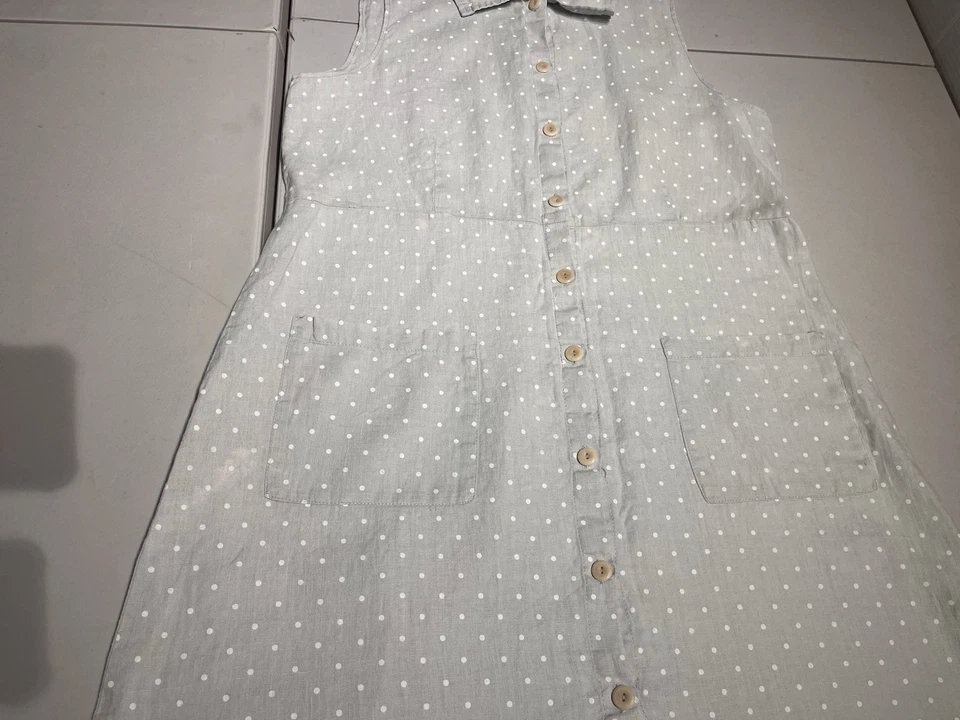 Vestido de lino para mujer pequeño gris crema estampado de lunares camisa con botones vestido lino bolsillos Foto 4 de 4