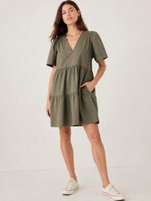 GAP Tiered V-Neck Short Sleeve Babydoll Dress Olive Green Cotton Small