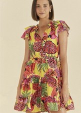 FARM RIO  Fruit Dream Ruffled Mini Dress Colorful Sz M Tropical Beach Resort