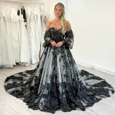 Black Off-Shoulder Tulle Wedding Dress Sweetheart Puff Sleeve A-line Bride Gowns