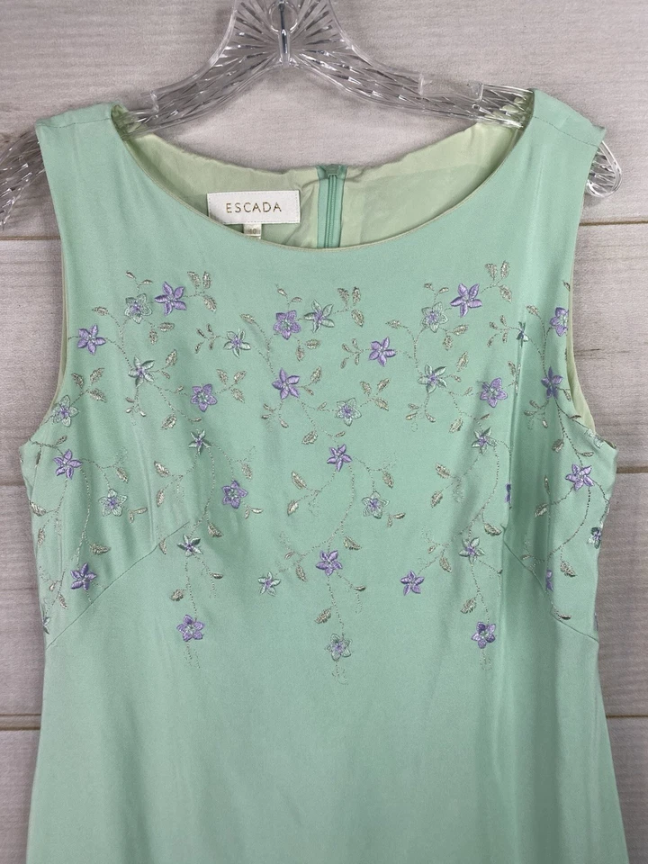 Vestido ESCADA 40 M Vintage Seda Bordado Verde Menta Sin Mangas Forrado Italia Foto 2 de 4