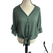 Max Studio Womens Blouse Tie Front Button Down Ruffle Sleeve Boho Print Size M
