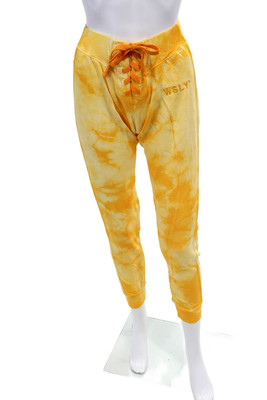 WSLY Womens Mid Rise Knit Tie Dyed Drawstring Jogger Pants Yellow Cotton Size XS