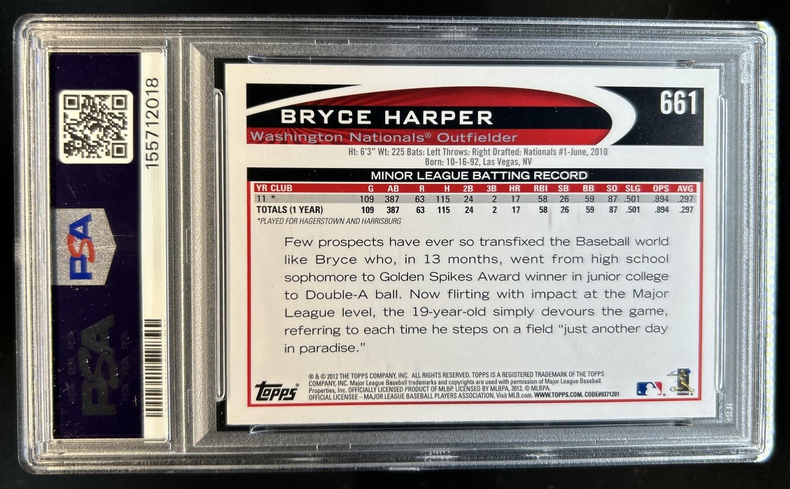 2012 Topps Bryce Harper Factory Bonus: Rookie Variations RC #661 PSA 9 view 2