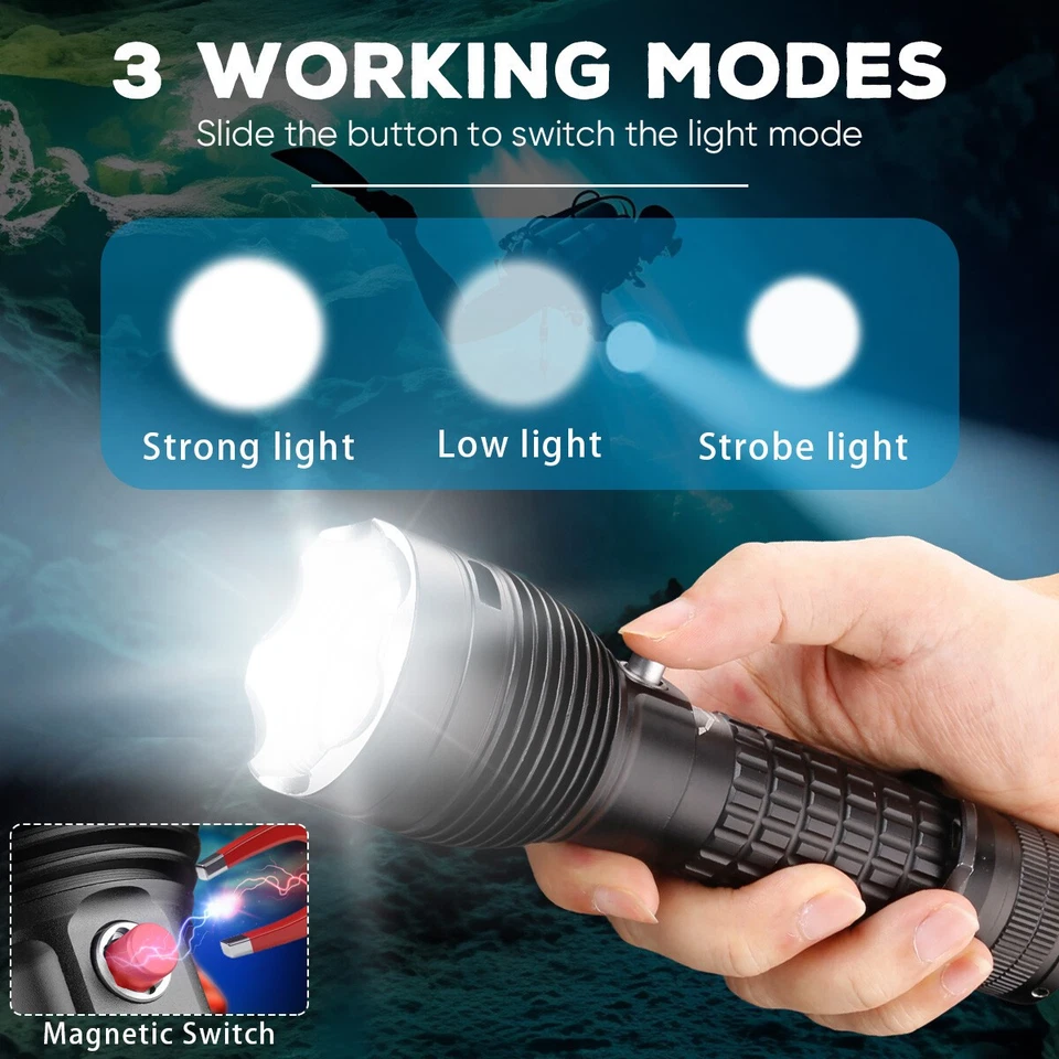 Super Bright Scuba Diving Flashlight Waterproof Underwater Dive Snorkeling Torch - Image 2 of 4