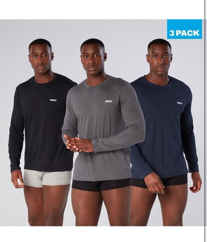 DKNY Men's T-Shirt 3 Pack Crew Neck Long Sleeve Slim Fit Black Blue Grey Small - Picture 2 of 6