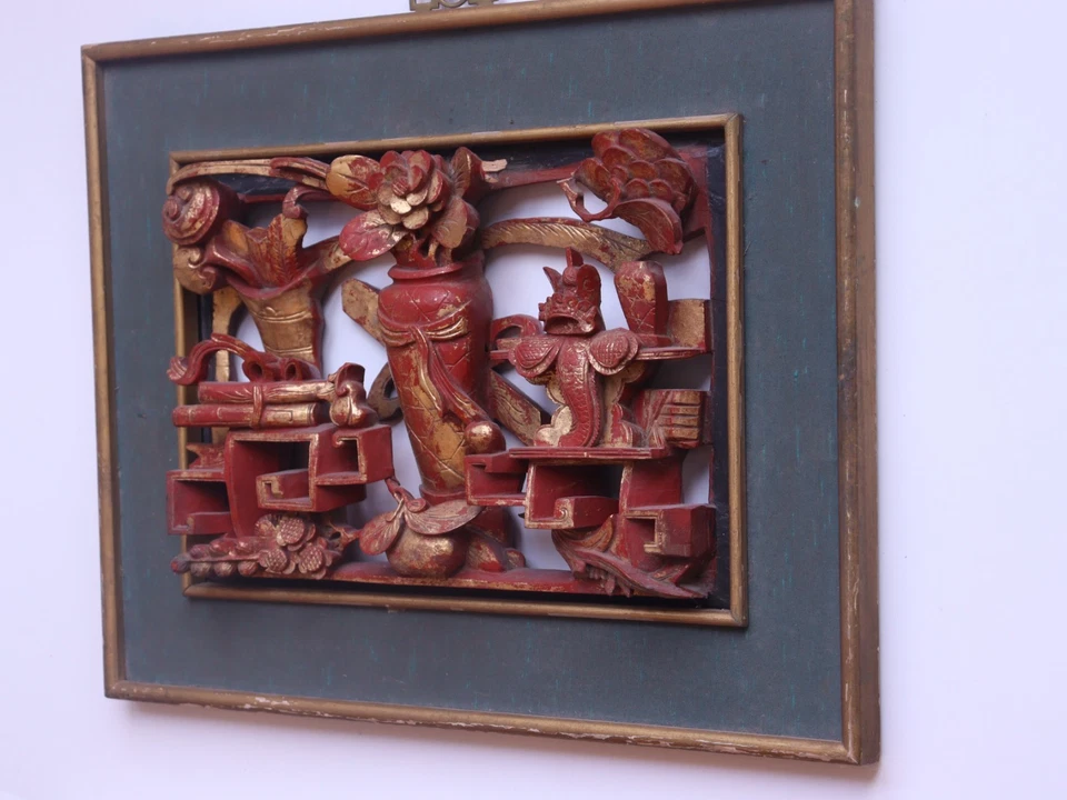 Painel de madeira antigo chinês esculpido e dourado dourado com ornamentos naturais 16,6"" - Imagem 3 de 4