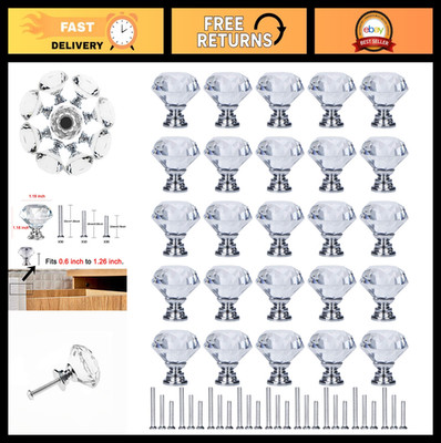 30 Pack Diamond Crystal Glass Drawer Knobs 30mm Cabinet Pull Handles - Silver