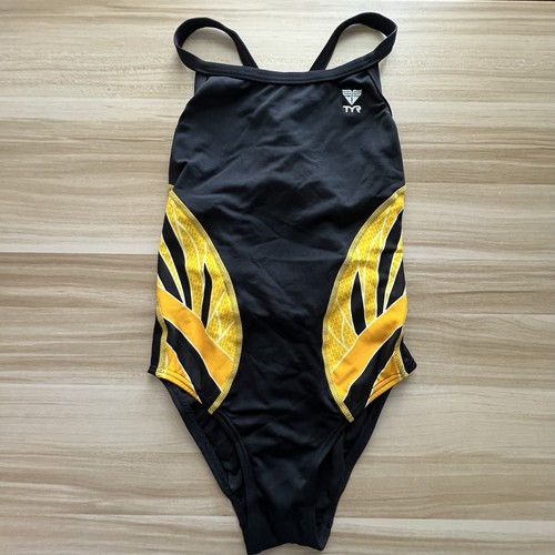 TYR Girls 28 Durafast Elite Phoenix Splice Diamondfit Swimsuit Black Yellow UPF