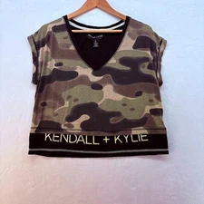 Kendall + Kylie Medium Green Camo Double Layer Crop Tee