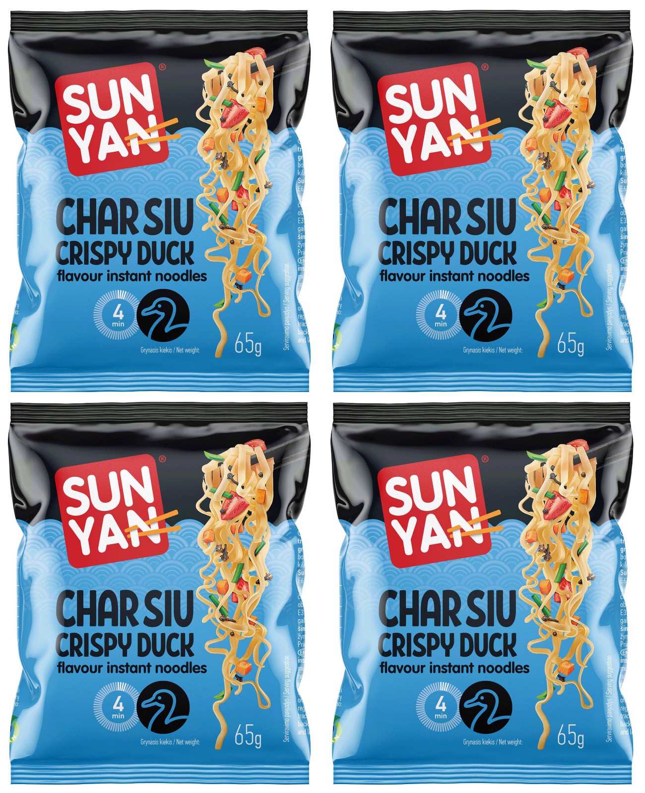 4 fideos instantáneos SUN YAN CHAR SIU sabor pato crujiente 65 g 2,3 oz