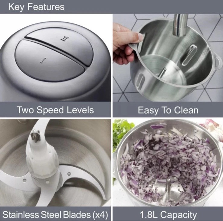 Professional Stainless Steel Food Chopper 1.8L Capacity Chop, Blend,Mix & Pureé