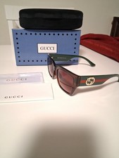 Gucci Women's Square Sunglasses Green Plastic Frame Brown Tinted Striped GG