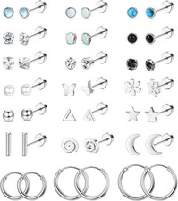 21Pairs Surgical Steel Flat Back Earrings Hypoallergenic 20G Screw Back Nap Stac