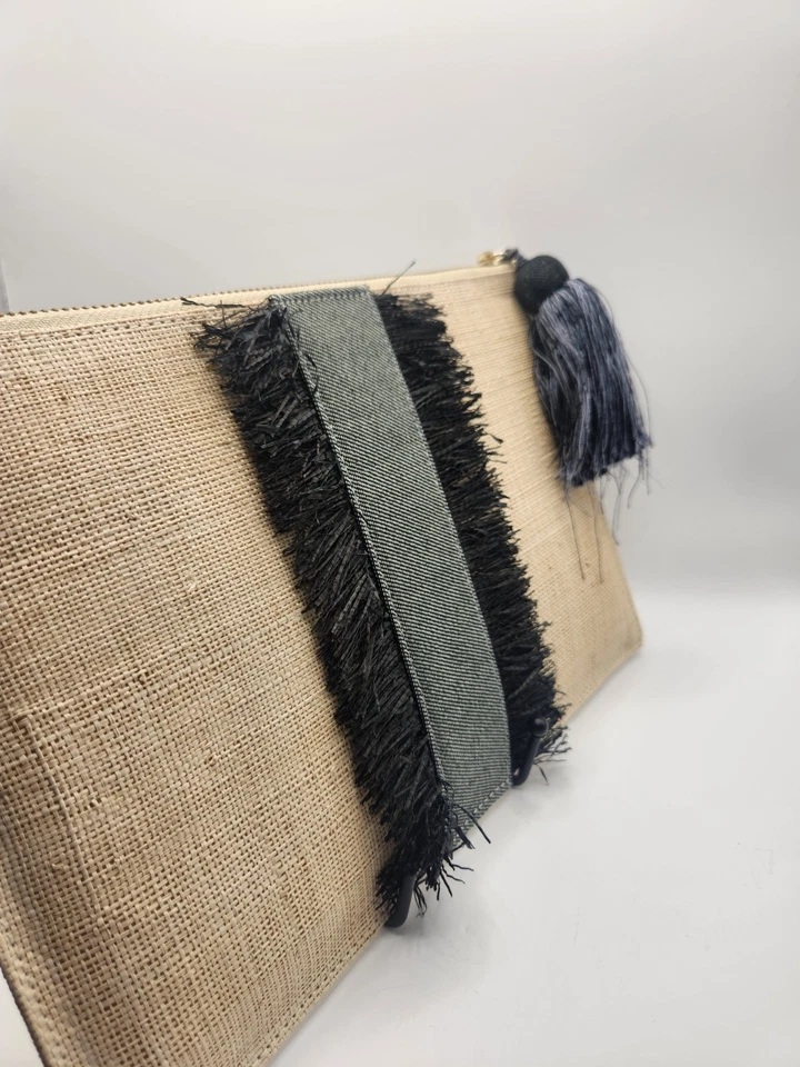 Bolso Clutch KAYU Paja Natural Negro Flecos Acento con Borla - Hecho a Mano Boho Foto 4 de 4