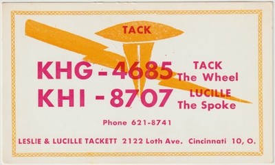 KHG4685 CINCINNATI, OH. (Leslie & Lucille Tackett) QSO/QSL Radio Postcard