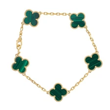 Van Cleef & Arpels 18k Yellow Gold Malachite Five Motif Bracelet 7"