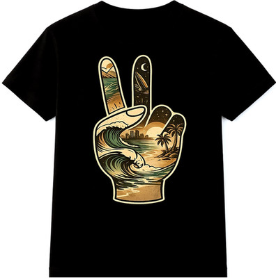 Peace Zeichen Hand Strand Ozean Wellen Palmen Sonnenuntergang Küste Surf Grafik T-Shirt