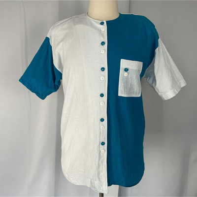 Casual Top Size Medium White Blue Colorblock Contrast Baseball Button Cotton