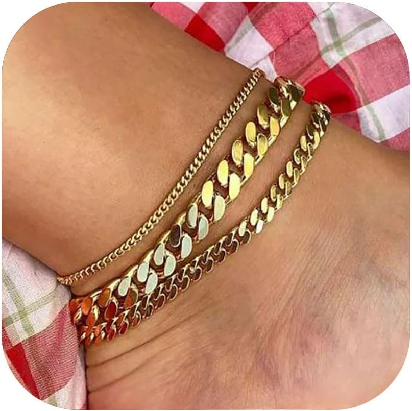 3 PCS 14K Gold Stainless Steel Anklets for Women Elegant Adjustable Ankle Bracelets