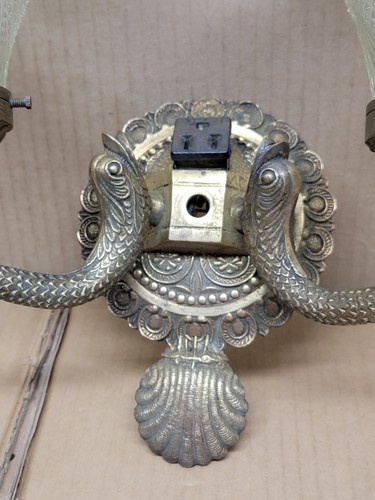 Vintage Cast Bronze Koi Fish Wall Sconce Electric Light Fixture w/ Glass Shades - Picture 3 of 18