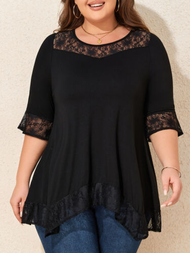 Womens Lace Casual Tunic T-shirts Ladies 3/4 Sleeve Loose Blouse Tops Plus Size - Picture 7 of 8