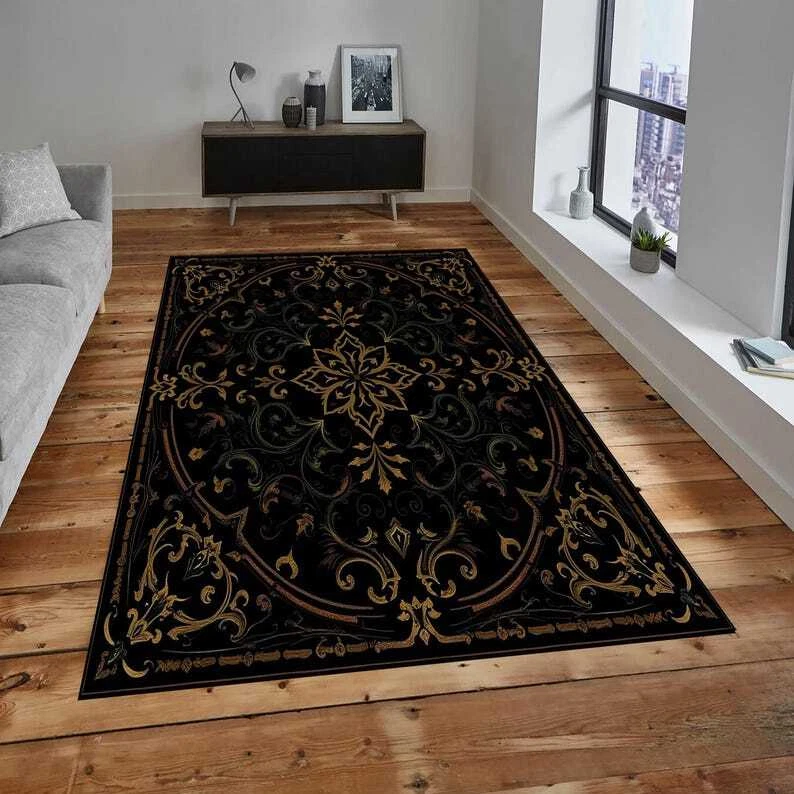 Alfombra con motivo gótico, alfombra negra, alfombra de diseño gótico, alfombra moderna, alfombra de salón, Fas Foto 2 de 4
