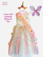 Unicorn Dress Matching Crown 4PCBirthday Princess Girl Sash Wing Costume Pageant