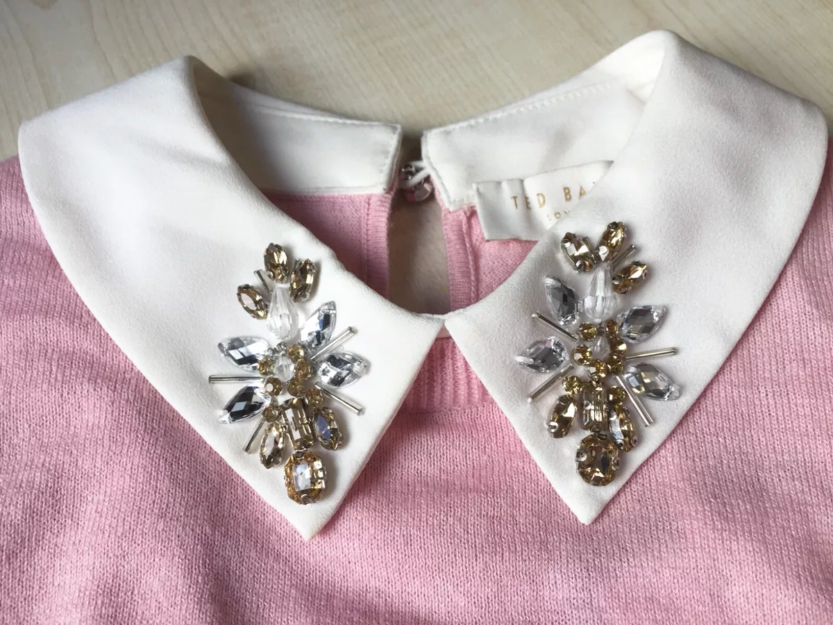 130 Ted Baker Suzaine Embellished Jewel Knitted Sweater Jumper Size 2 Pink Silk